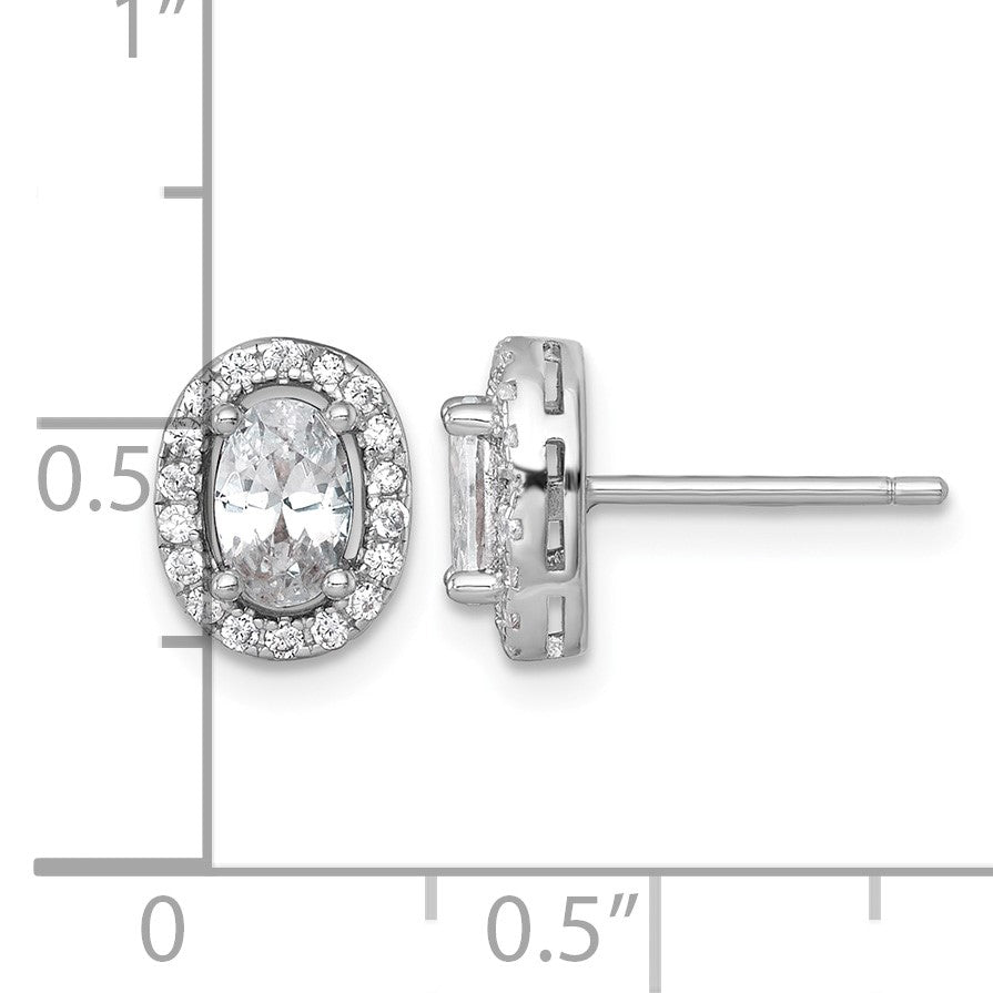 Sterling Silver Rhodium-plated Polished 9.5 x 7.0mm Oval CZ Halo Post Earrings