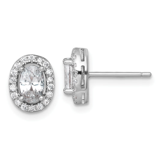 Sterling Silver Rhodium-plated Polished 9.5 x 7.0mm Oval CZ Halo Post Earrings