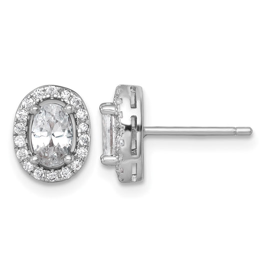 Sterling Silver Rhodium-plated Polished 9.5 x 7.0mm Oval CZ Halo Post Earrings