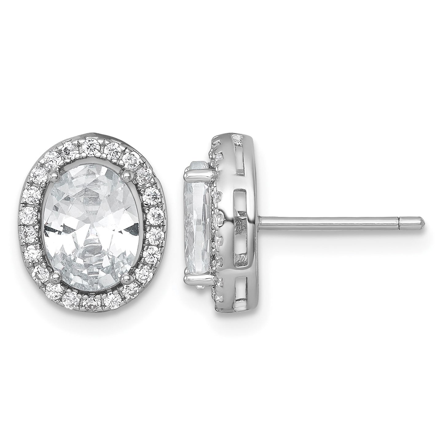 Sterling Silver Rhodium-plated Polished 11.0 x 9.0mm Oval CZ Halo Post Earrings