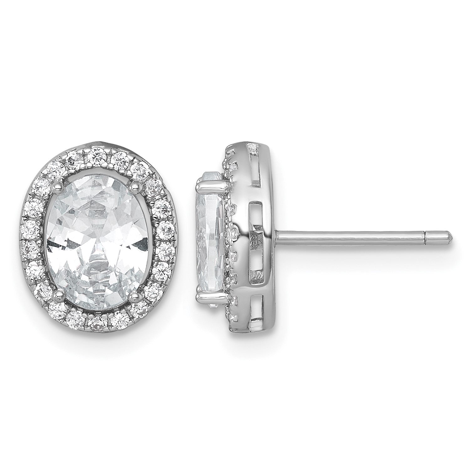 Sterling Silver Rhodium-plated Polished 11.0 x 9.0mm Oval CZ Halo Post Earrings