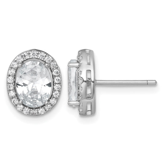 Sterling Silver Rhodium-plated Polished 11.0 x 9.0mm Oval CZ Halo Post Earrings