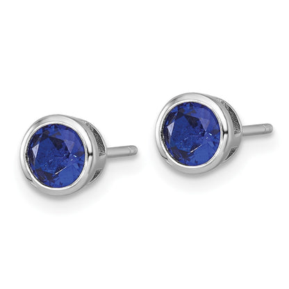 Sterling Silver Rhodium-plated Polished Bezel Set 6.2mm Round Blue CZ Stud Earrings