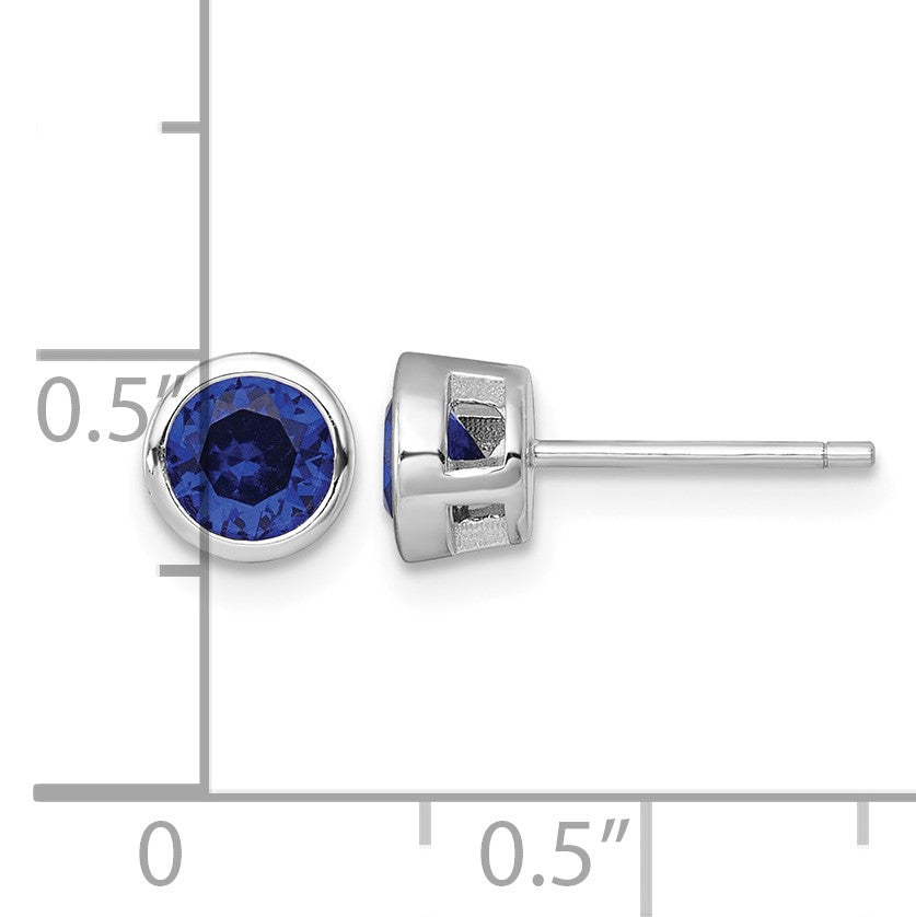 Sterling Silver Rhodium-plated Polished Bezel Set 6.2mm Round Blue CZ Stud Earrings