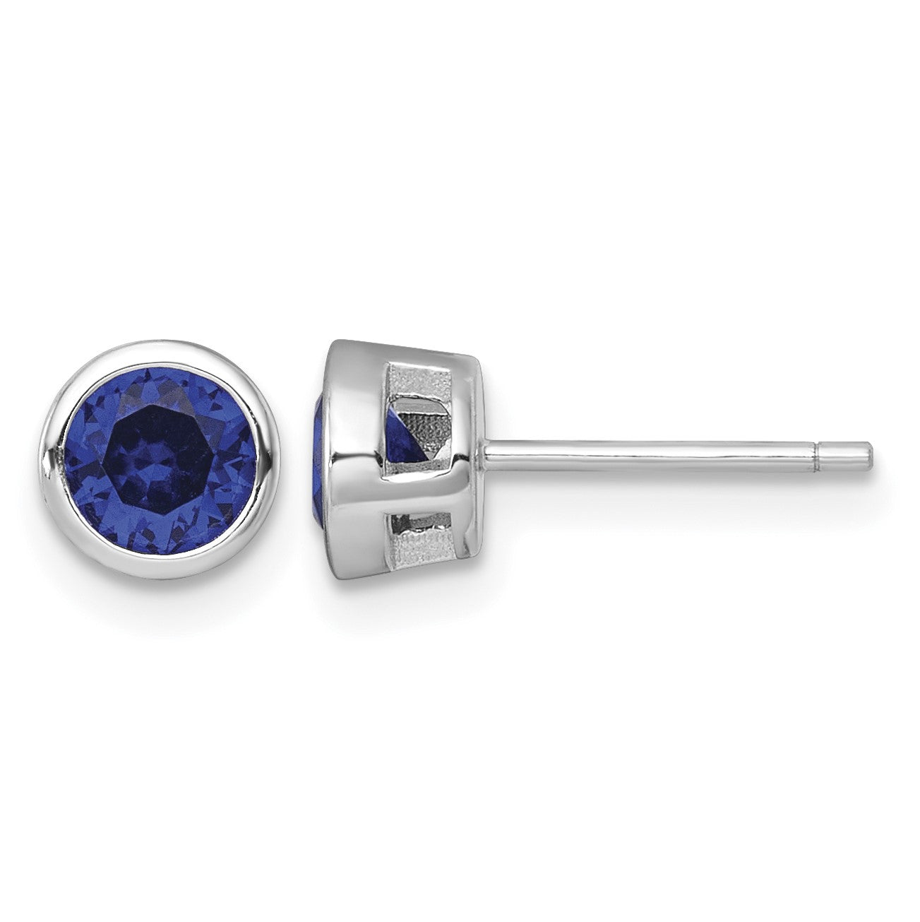 Sterling Silver Rhodium-plated Polished Bezel Set 6.2mm Round Blue CZ Stud Earrings