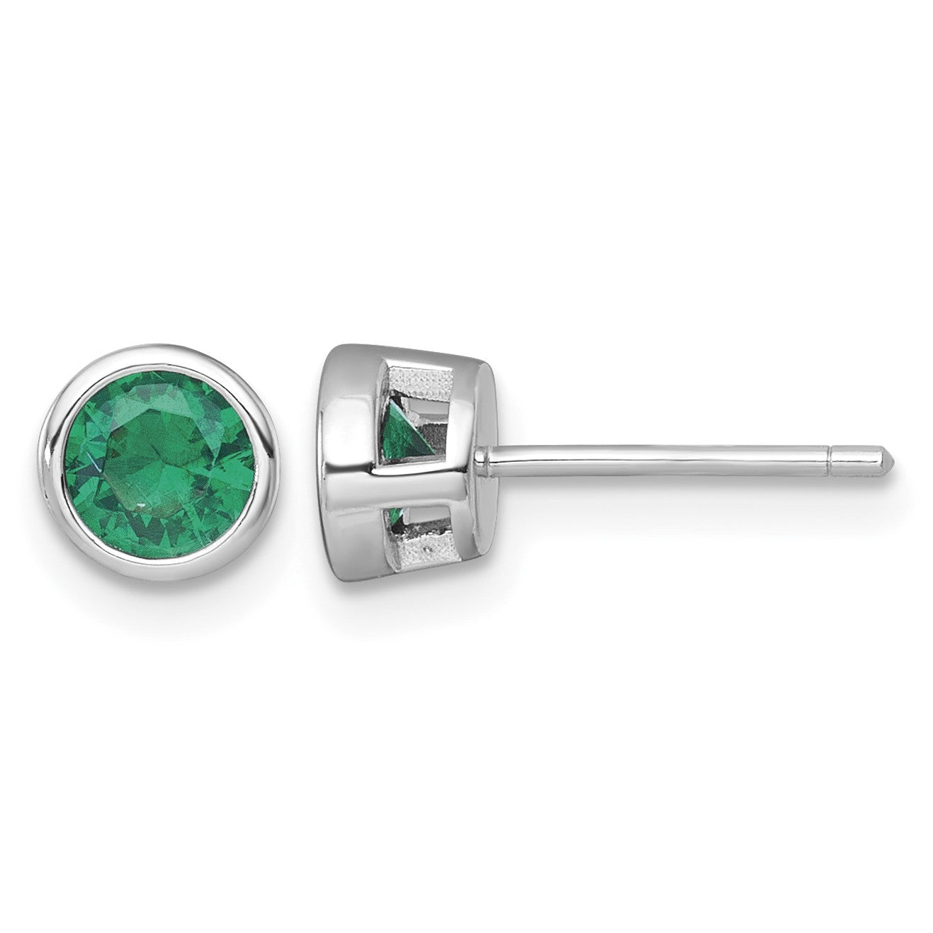 Sterling Silver Rhodium-plated Polished Bezel Set 6.2mm Round Green CZ Stud Earrings