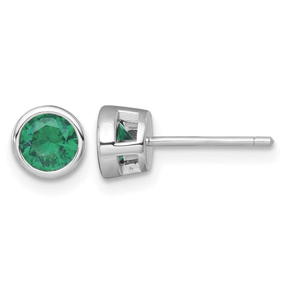 Sterling Silver Rhodium-plated Polished Bezel Set 6.2mm Round Green CZ Stud Earrings
