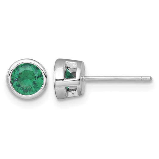 Sterling Silver Rhodium-plated Polished Bezel Set 6.2mm Round Green CZ Stud Earrings