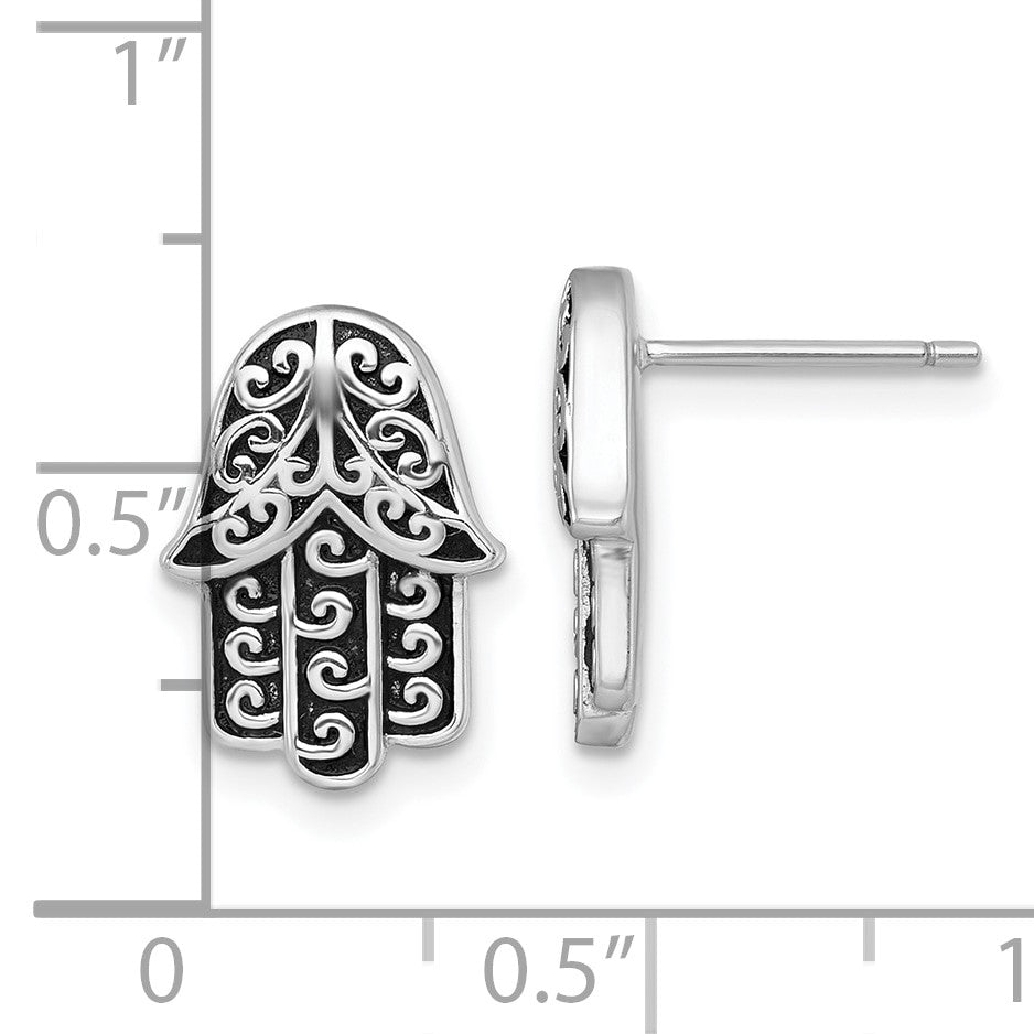 Sterling Silver Rhodium-plated Polished and Oxidized Filigree Hamsa Post Earrings