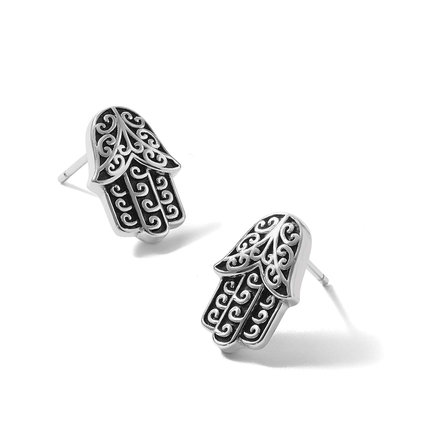 Sterling Silver Rhodium-plated Polished and Oxidized Filigree Hamsa Post Earrings