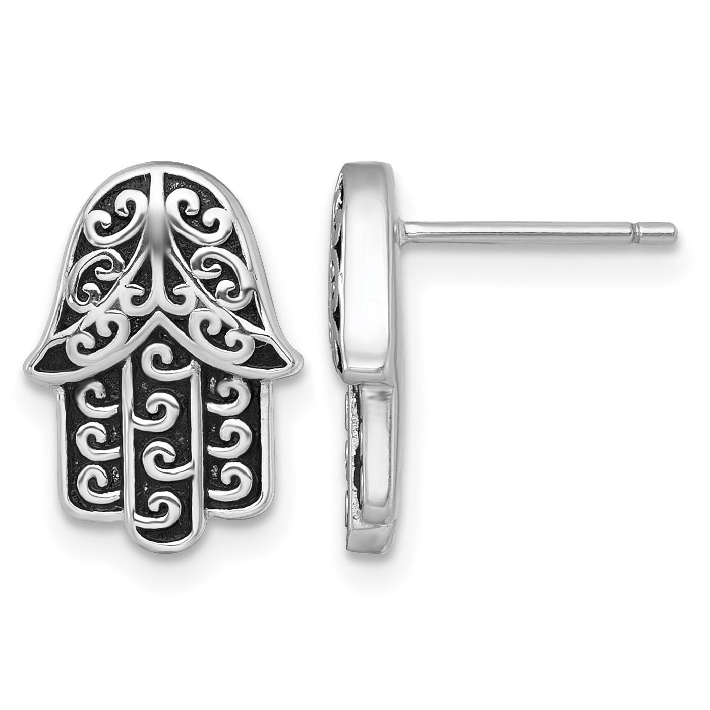 Sterling Silver Rhodium-plated Polished and Oxidized Filigree Hamsa Post Earrings