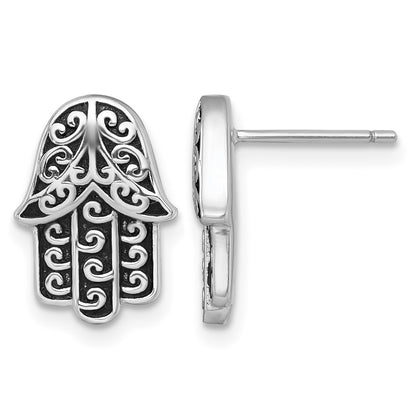 Sterling Silver Rhodium-plated Polished and Oxidized Filigree Hamsa Post Earrings