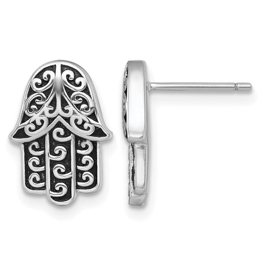 Sterling Silver Rhodium-plated Polished and Oxidized Filigree Hamsa Post Earrings