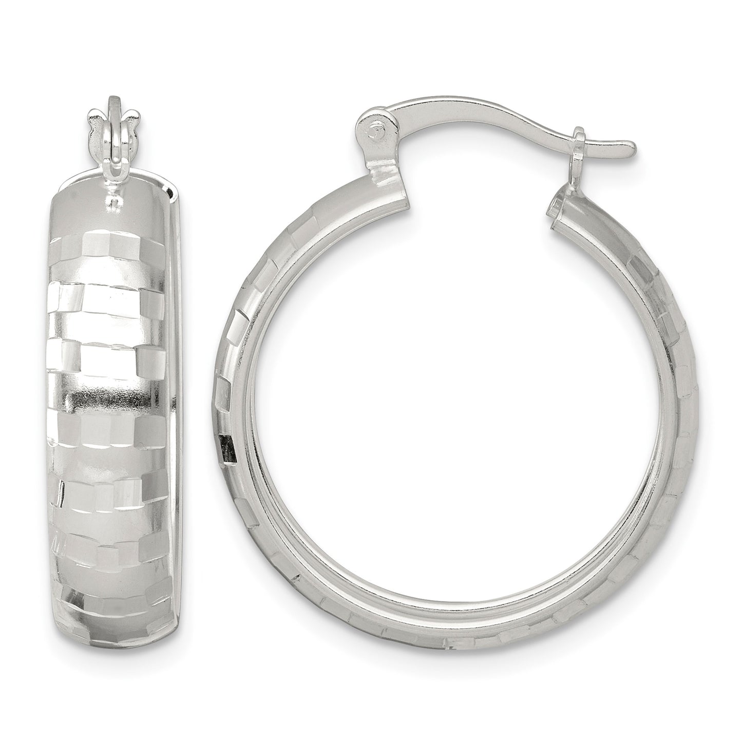Sterling Silver Polished Diamond-cut 25x6mm Round Hoop Earrings