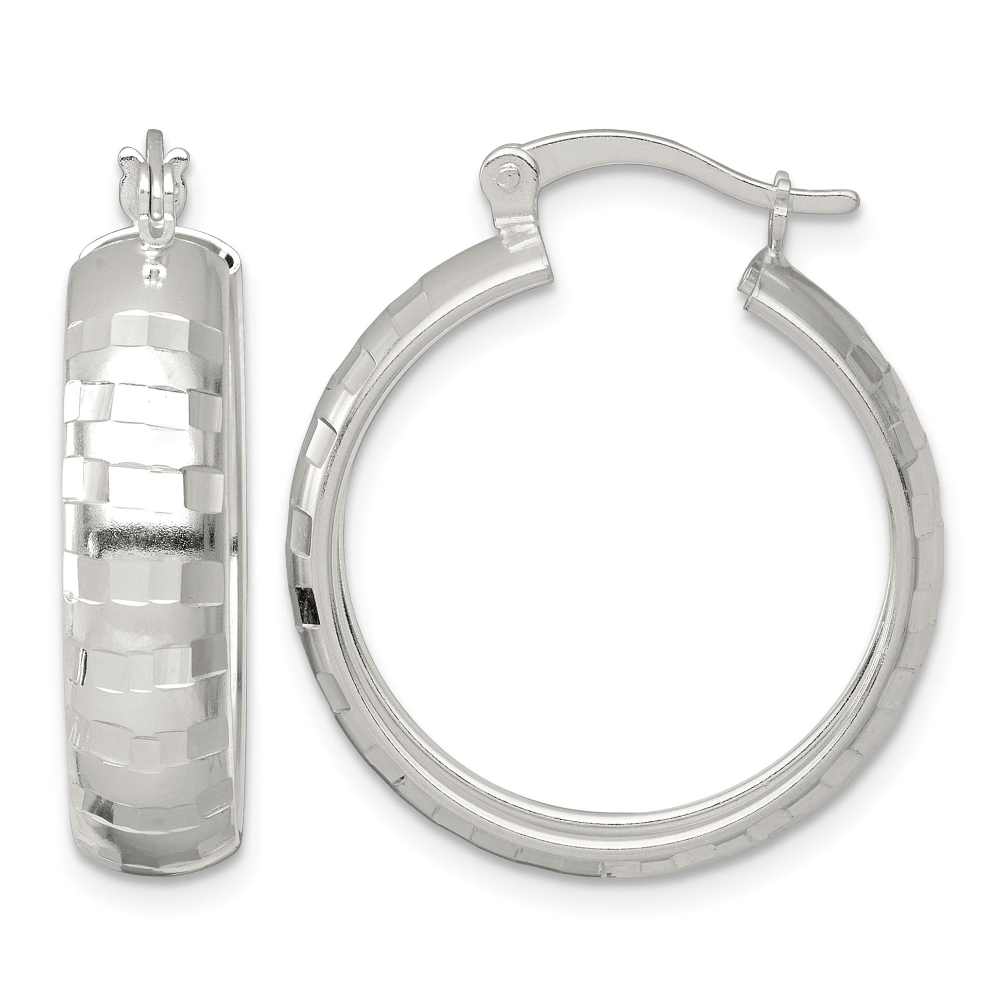 Sterling Silver Polished Diamond-cut 25x6mm Round Hoop Earrings