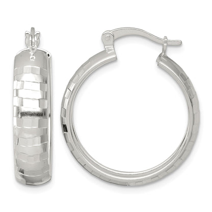 Sterling Silver Polished Diamond-cut 25x6mm Round Hoop Earrings