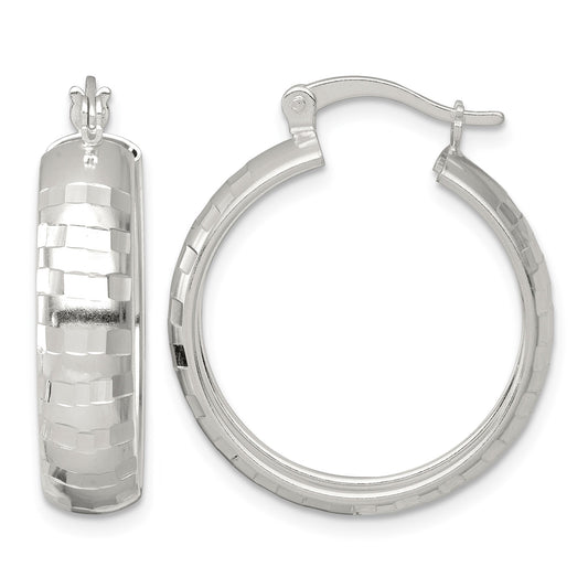 Sterling Silver Polished Diamond-cut 25x6mm Round Hoop Earrings
