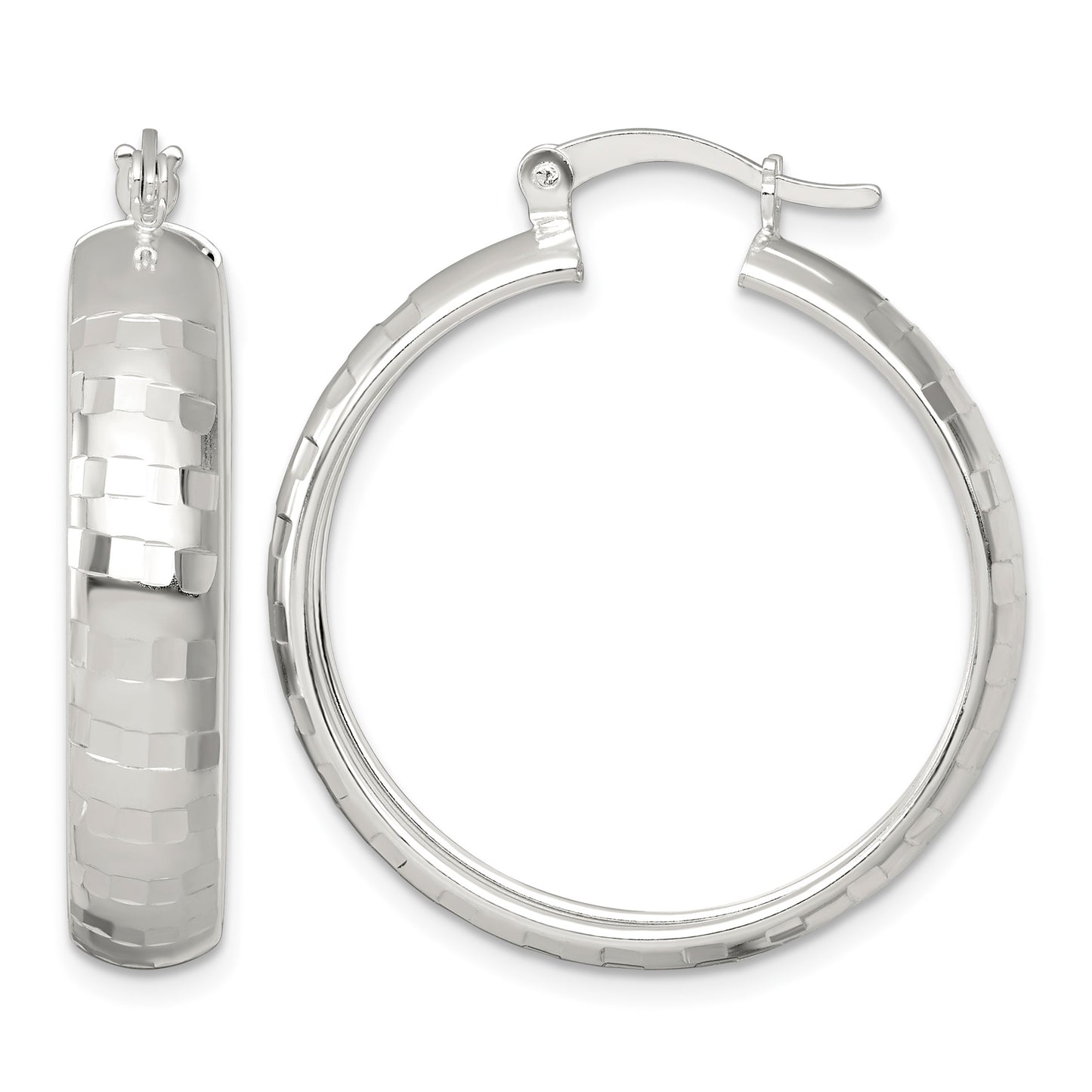 Sterling Silver Polished Diamond-cut 30x6mm Round Hoop Earrings