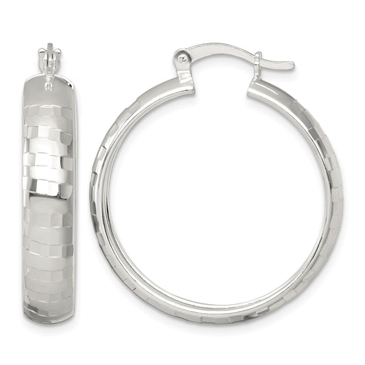 Sterling Silver Polished Diamond-cut 30x6mm Round Hoop Earrings