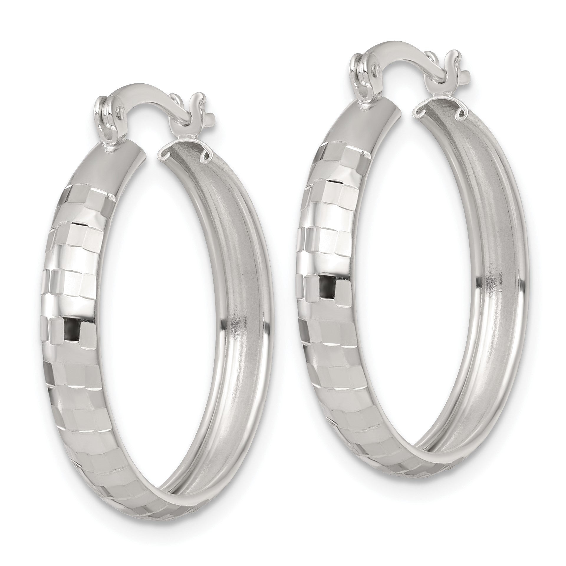 Sterling Silver Polished Diamond-cut 25x4mm Round Hoop Earrings
