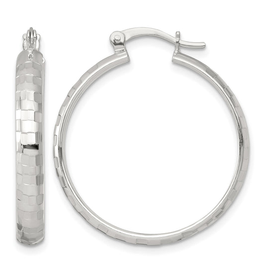 Sterling Silver Polished Diamond-cut 30x4mm Round Hoop Earrings