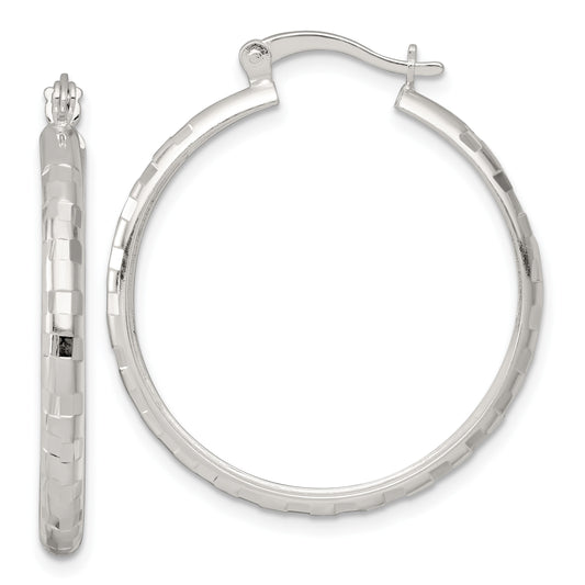Sterling Silver Polished Diamond-cut 30x3mm Round Hoop Earrings