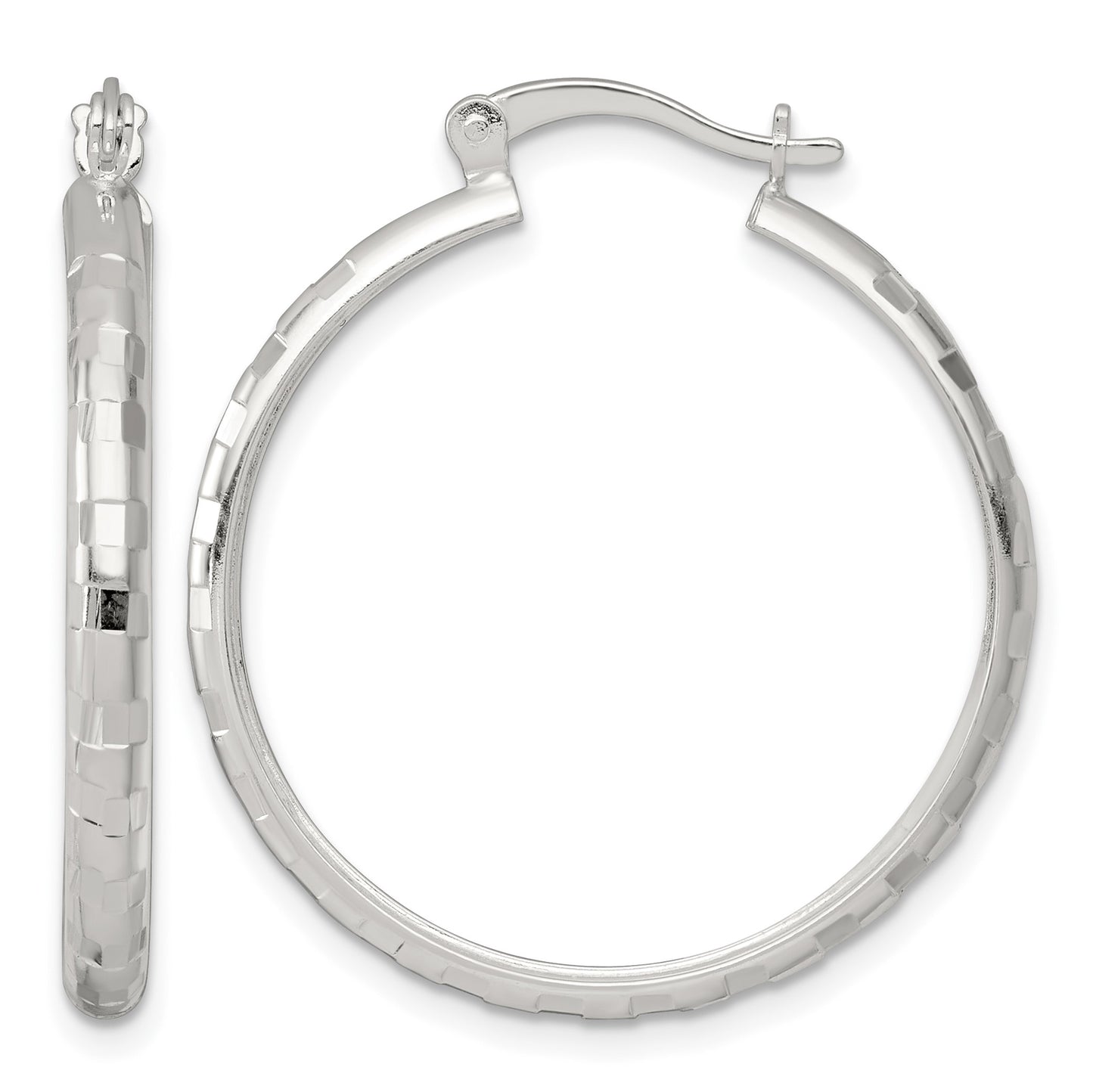 Sterling Silver Polished Diamond-cut 30x3mm Round Hoop Earrings