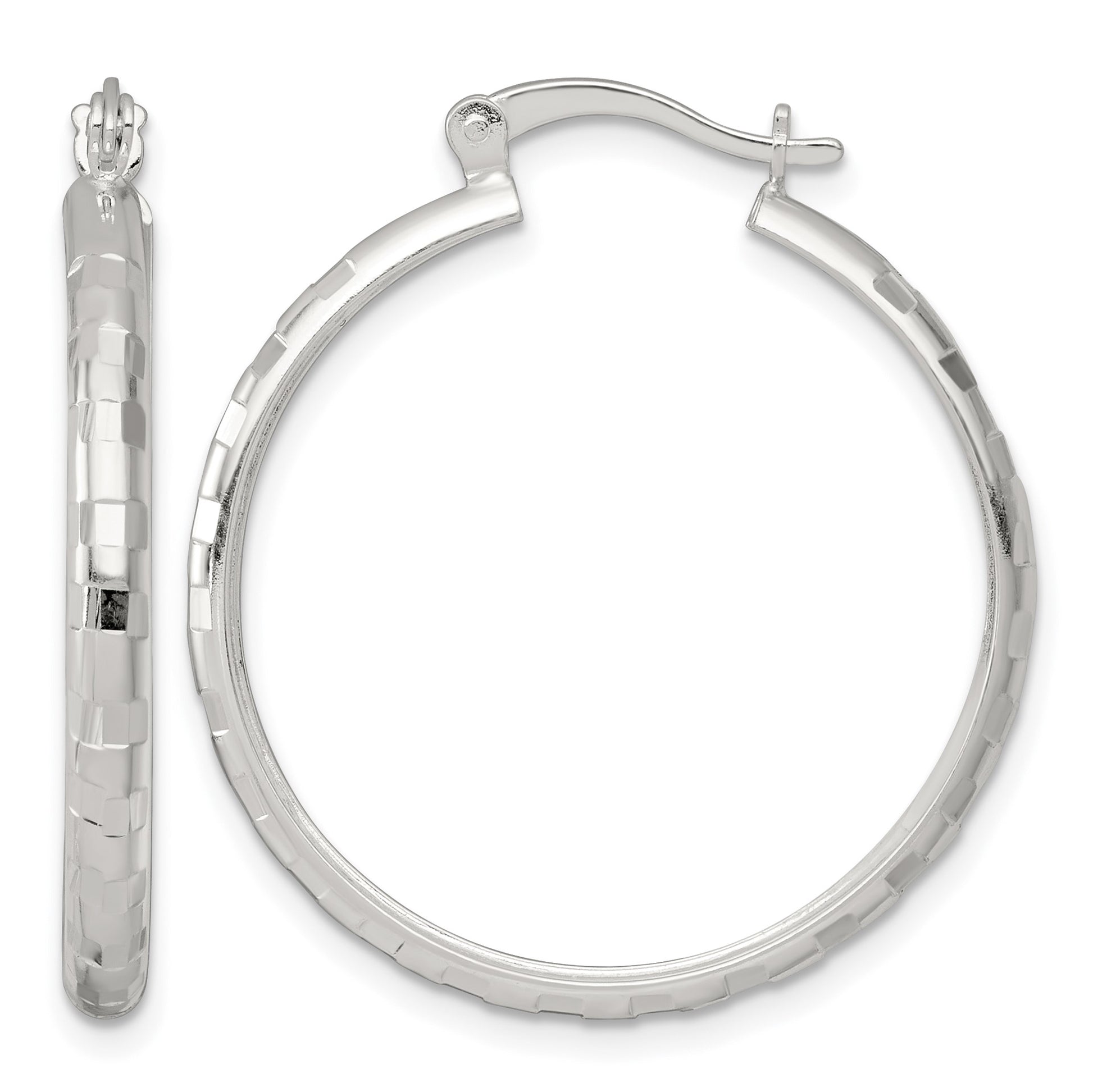 Sterling Silver Polished Diamond-cut 30x3mm Round Hoop Earrings