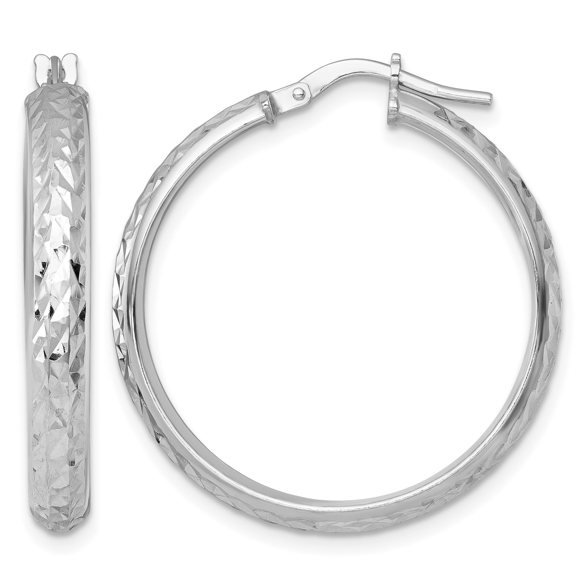 Sterling Silver Rhodium-plated Polished and Diamond-cut 4.00 x 30mm Tube Hoop Earrings