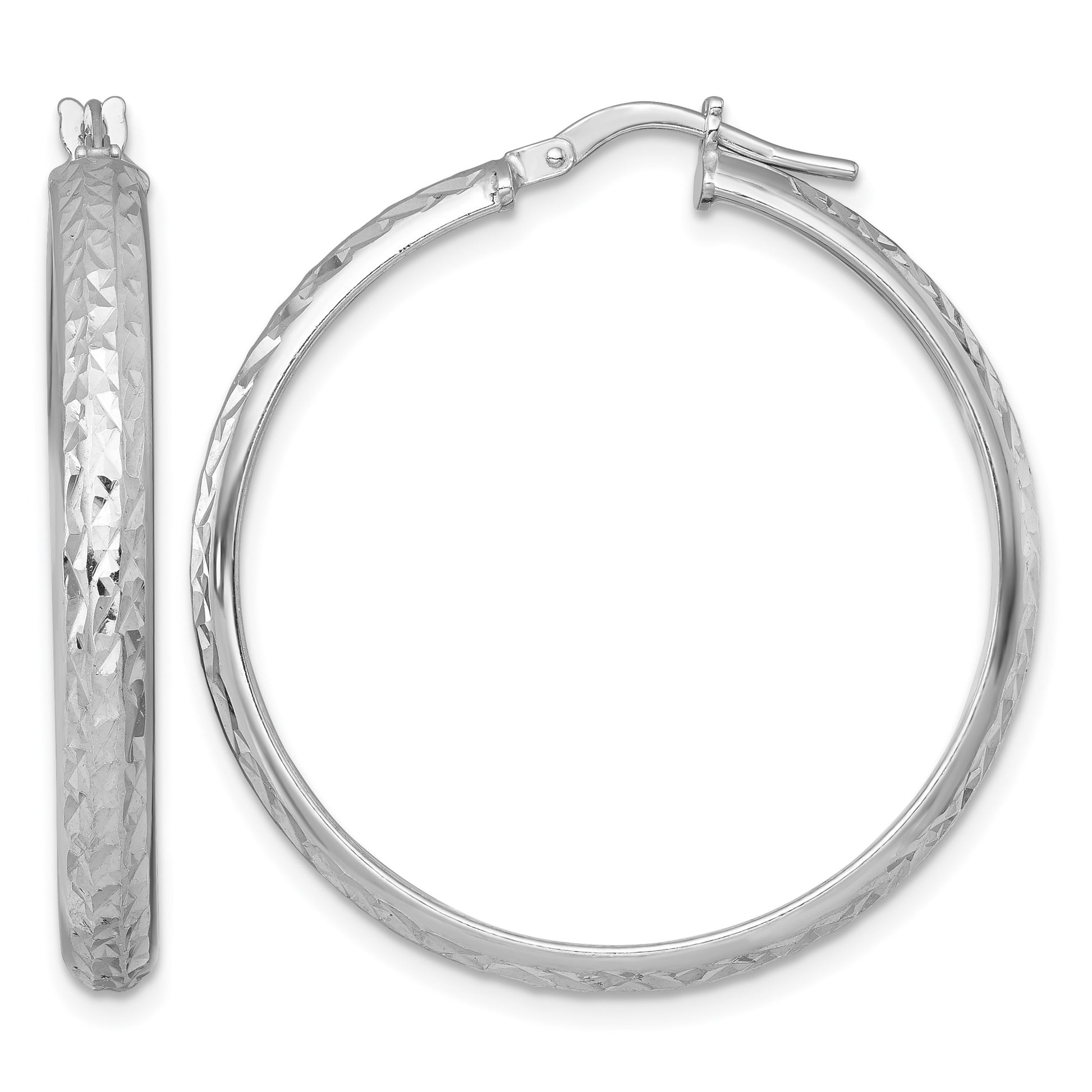 Sterling Silver Rhodium-plated Polished and Diamond-cut 4.00 x 35mm Tube Hoop Earrings