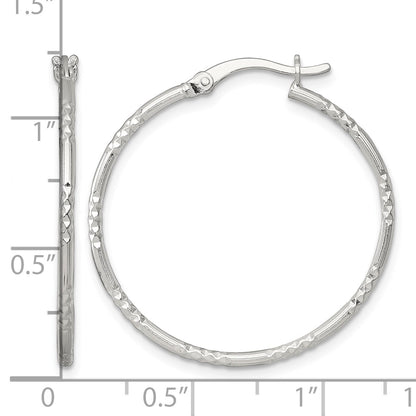 Sterling Silver Polished Diamond-cut Textured 30x1.5mm Round Hoop Earrings
