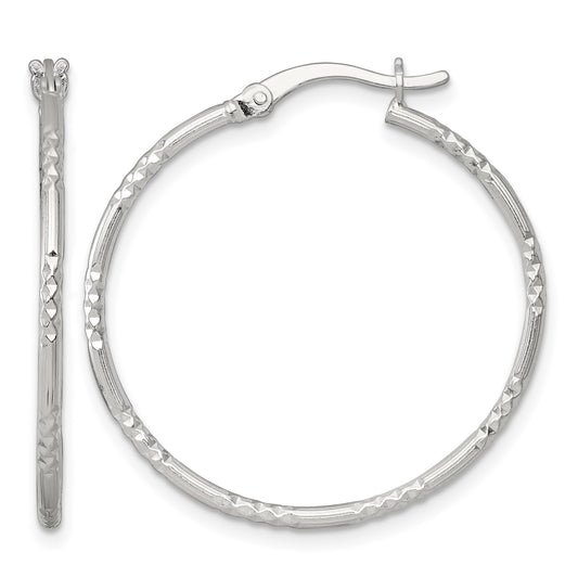Sterling Silver Polished Diamond-cut Textured 30x1.5mm Round Hoop Earrings