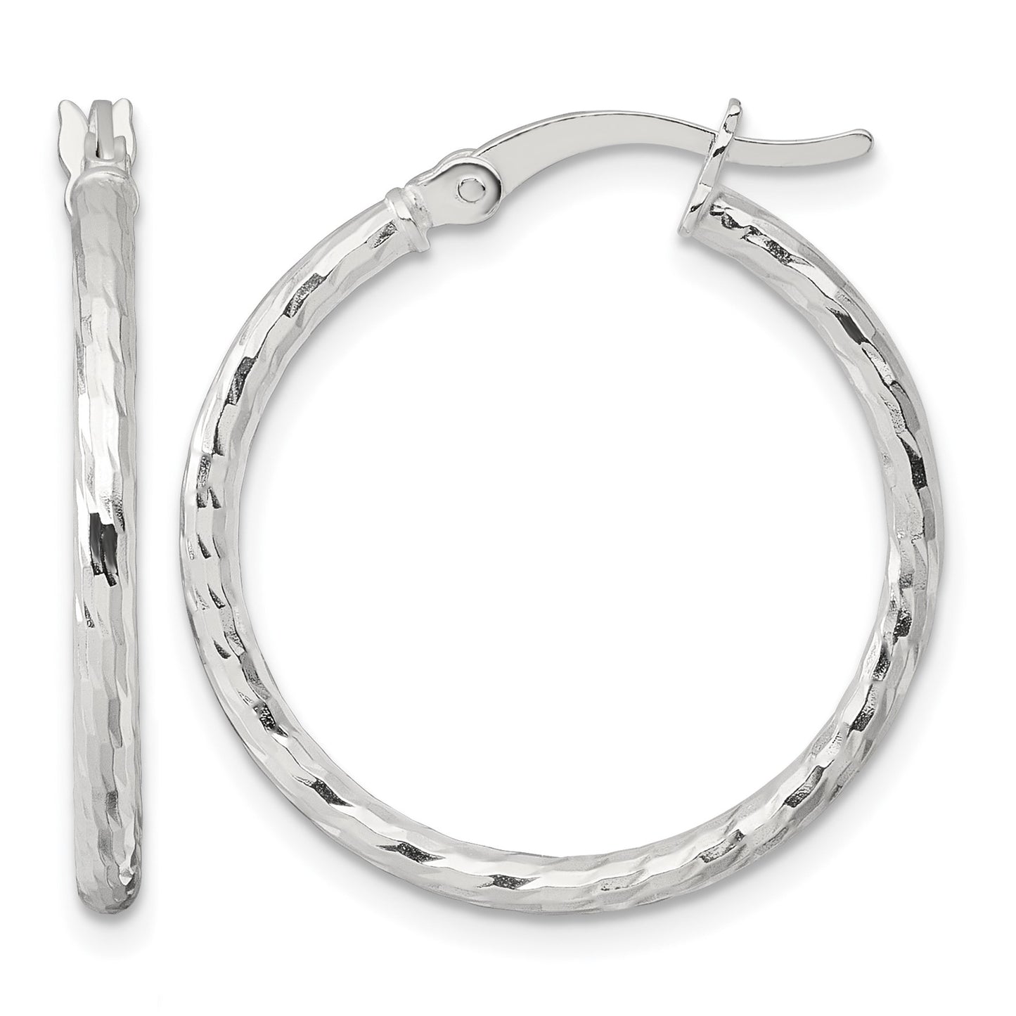 Sterling Silver Polished Diamond-cut 25x2mm Round Hoop Earrings