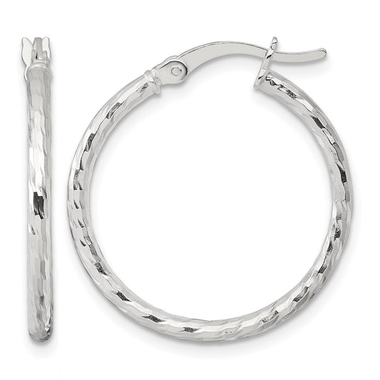 Sterling Silver Polished Diamond-cut 25x2mm Round Hoop Earrings