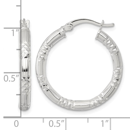 Sterling Silver Polished Diamond-cut Textured 25x3.25mm Round Hoop Earrings