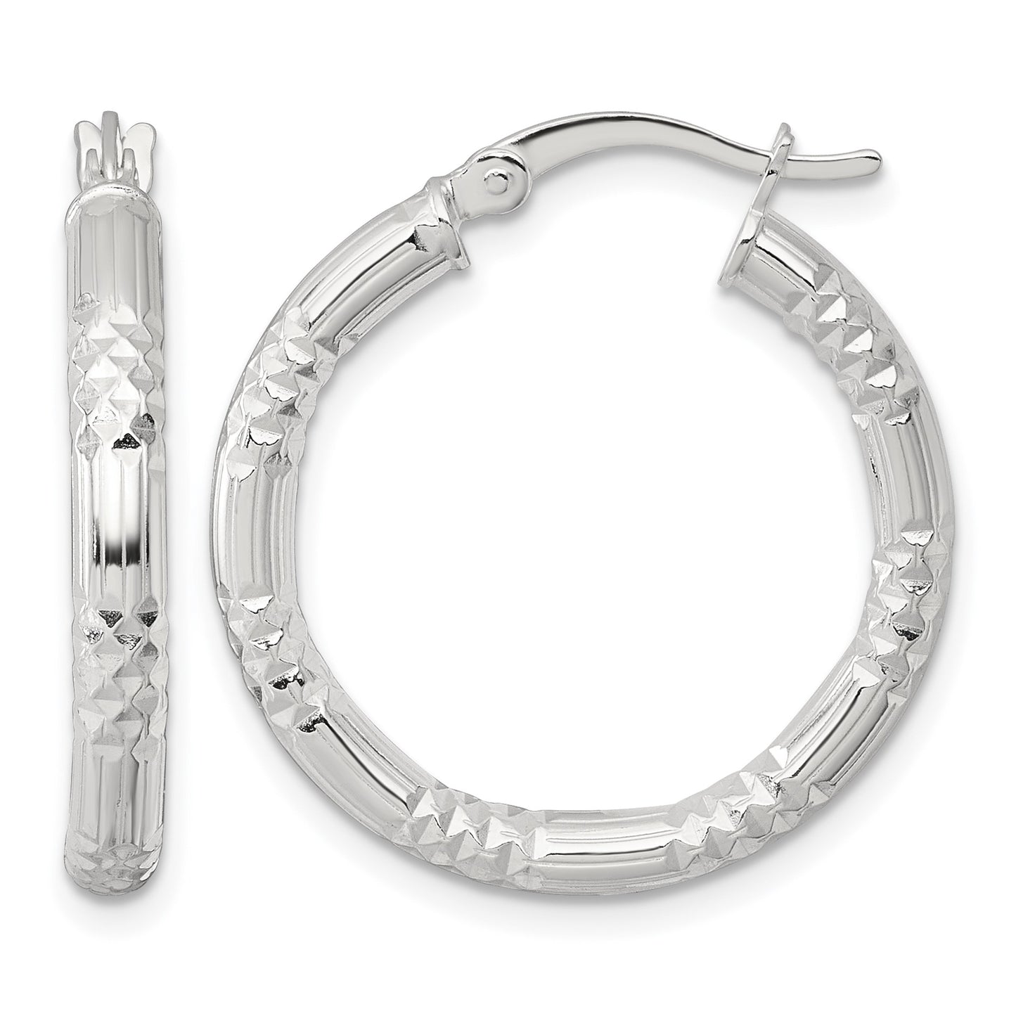Sterling Silver Polished Diamond-cut Textured 25x3.25mm Round Hoop Earrings