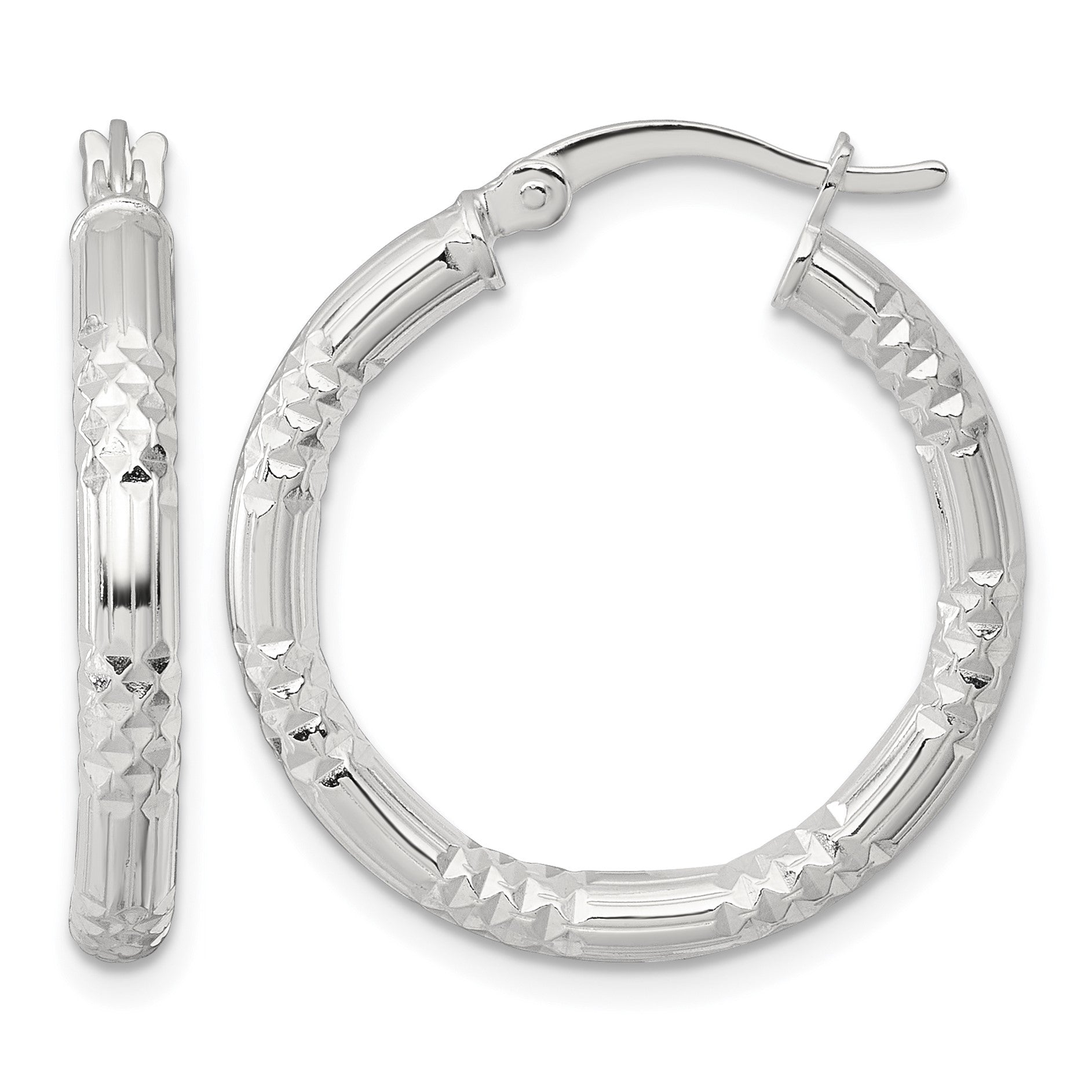 Sterling Silver Polished Diamond-cut Textured 25x3.25mm Round Hoop Earrings