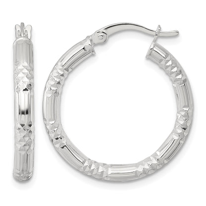 Sterling Silver Polished Diamond-cut Textured 25x3.25mm Round Hoop Earrings