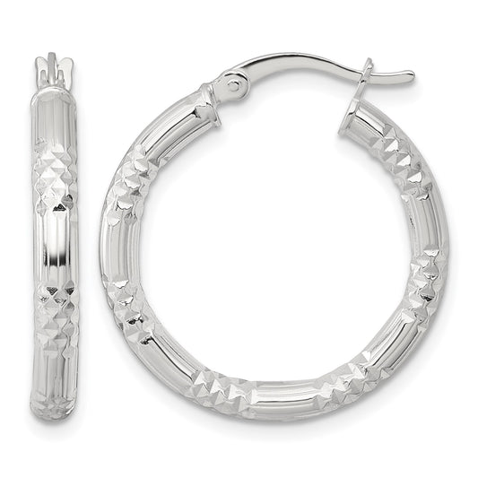 Sterling Silver Polished Diamond-cut Textured 25x3.25mm Round Hoop Earrings