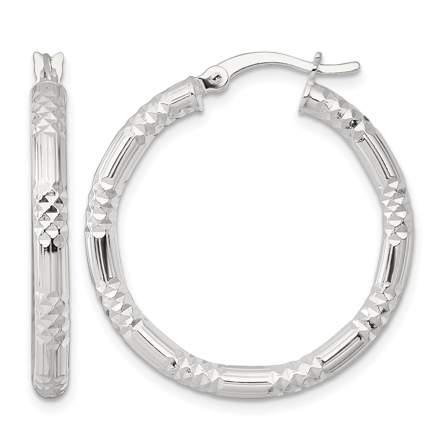 Sterling Silver Polished Diamond-cut Textured 30x3.25mm Round Hoop Earrings