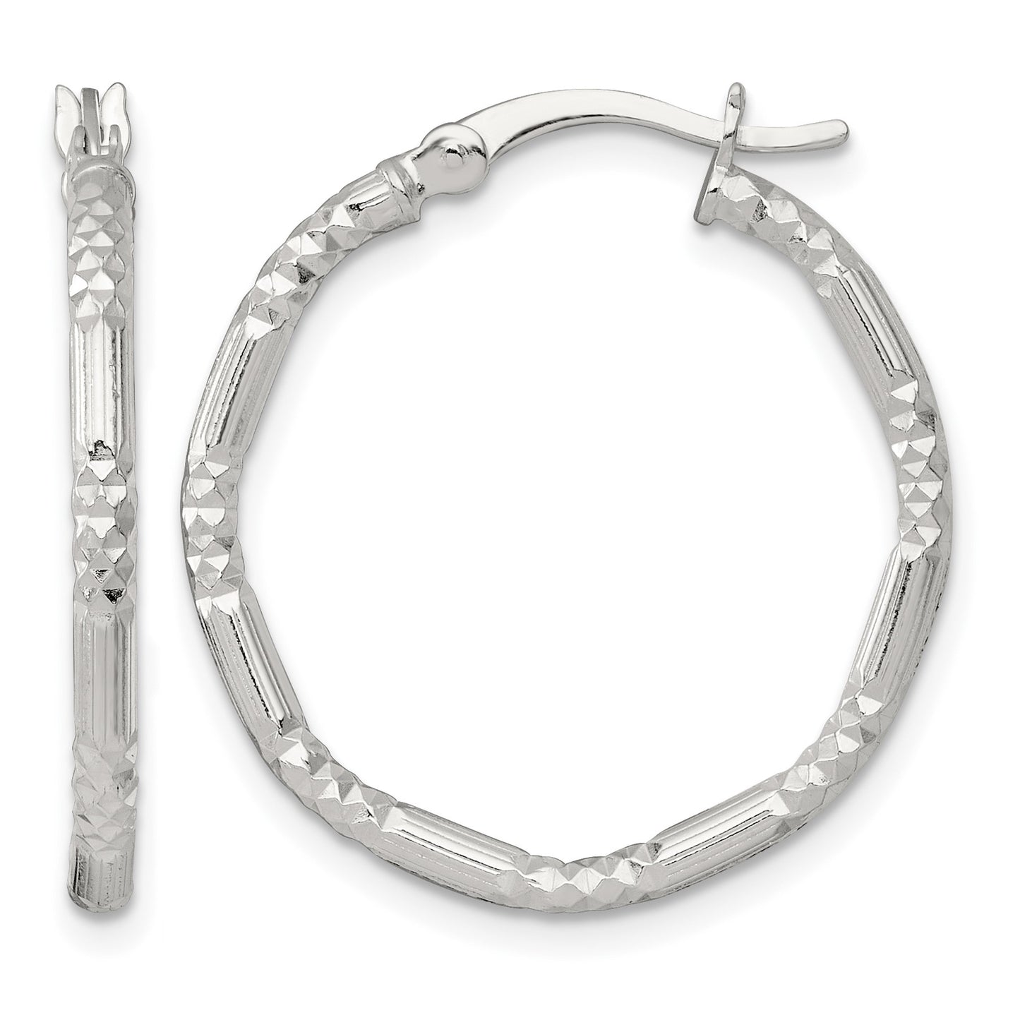 Sterling Silver Polished Diamond-cut Textured 25x2.25mm Round Hoop Earrings