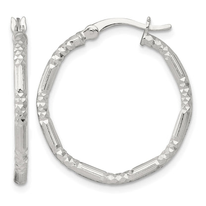 Sterling Silver Polished Diamond-cut Textured 25x2.25mm Round Hoop Earrings
