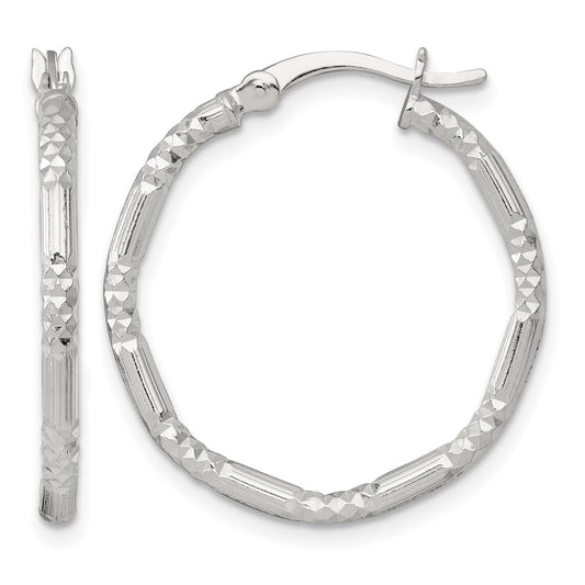 Sterling Silver Polished Diamond-cut Textured 25x2.25mm Round Hoop Earrings