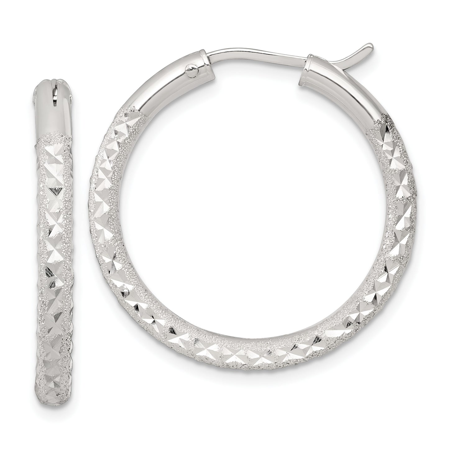 Sterling Silver Laser and Diamond-cut 30x3.25mm Hidden Catch Round Hoop Earrings