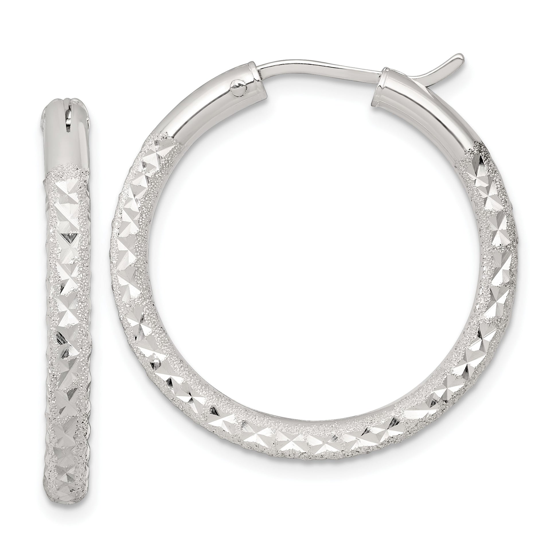Sterling Silver Laser and Diamond-cut 30x3.25mm Hidden Catch Round Hoop Earrings