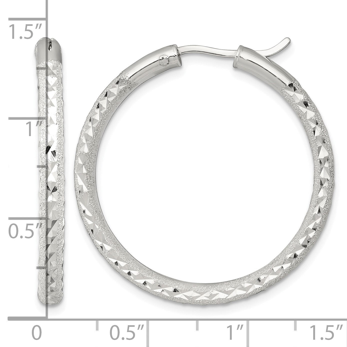 Sterling Silver Laser and Diamond-cut 35x3.25mm Hidden Catch Round Hoop Earrings