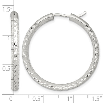Sterling Silver Laser and Diamond-cut 35x3.25mm Hidden Catch Round Hoop Earrings