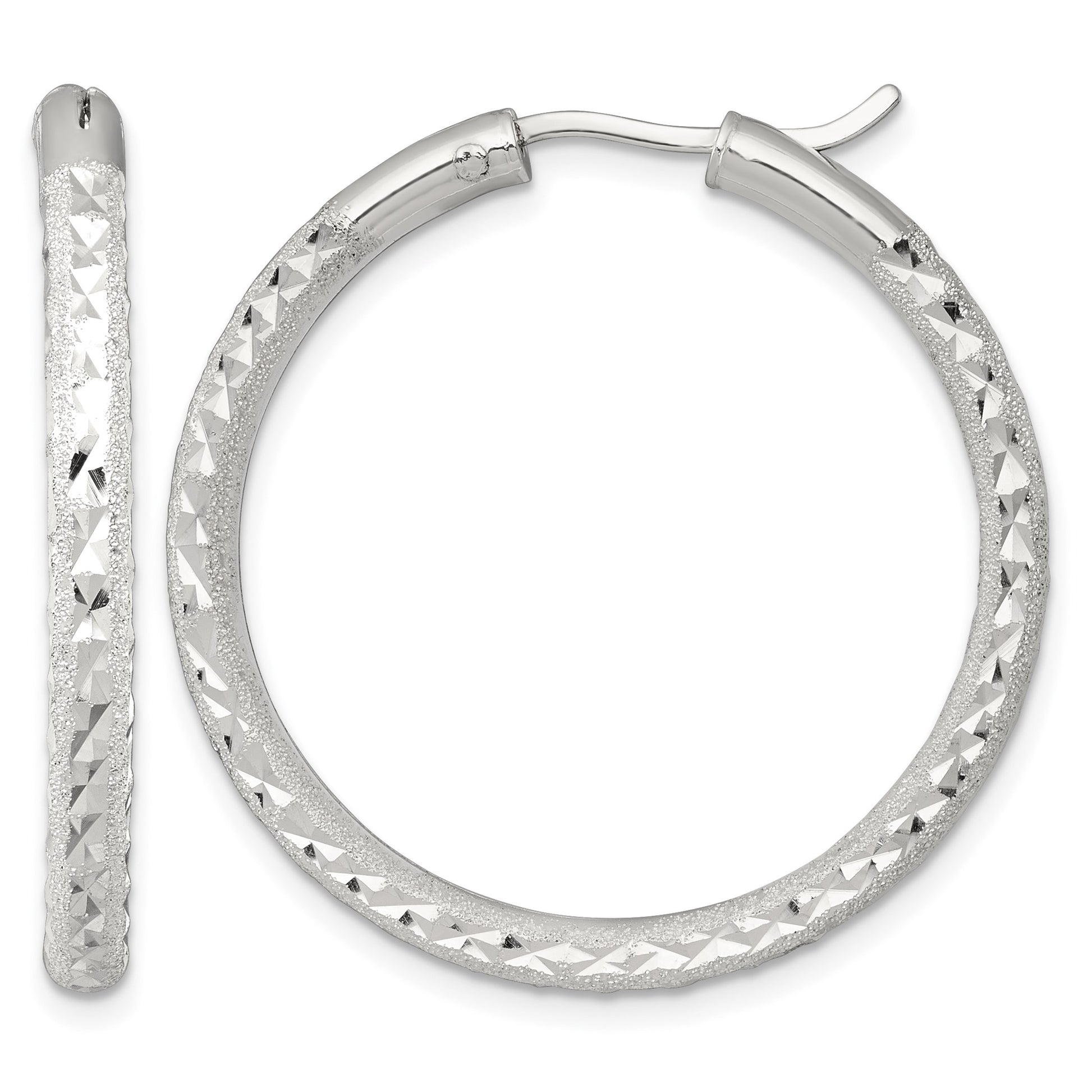 Sterling Silver Laser and Diamond-cut 35x3.25mm Hidden Catch Round Hoop Earrings