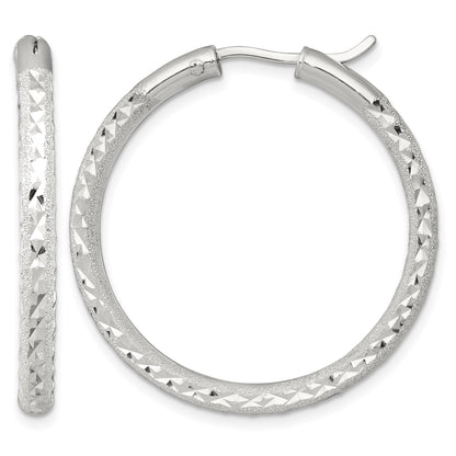 Sterling Silver Laser and Diamond-cut 35x3.25mm Hidden Catch Round Hoop Earrings