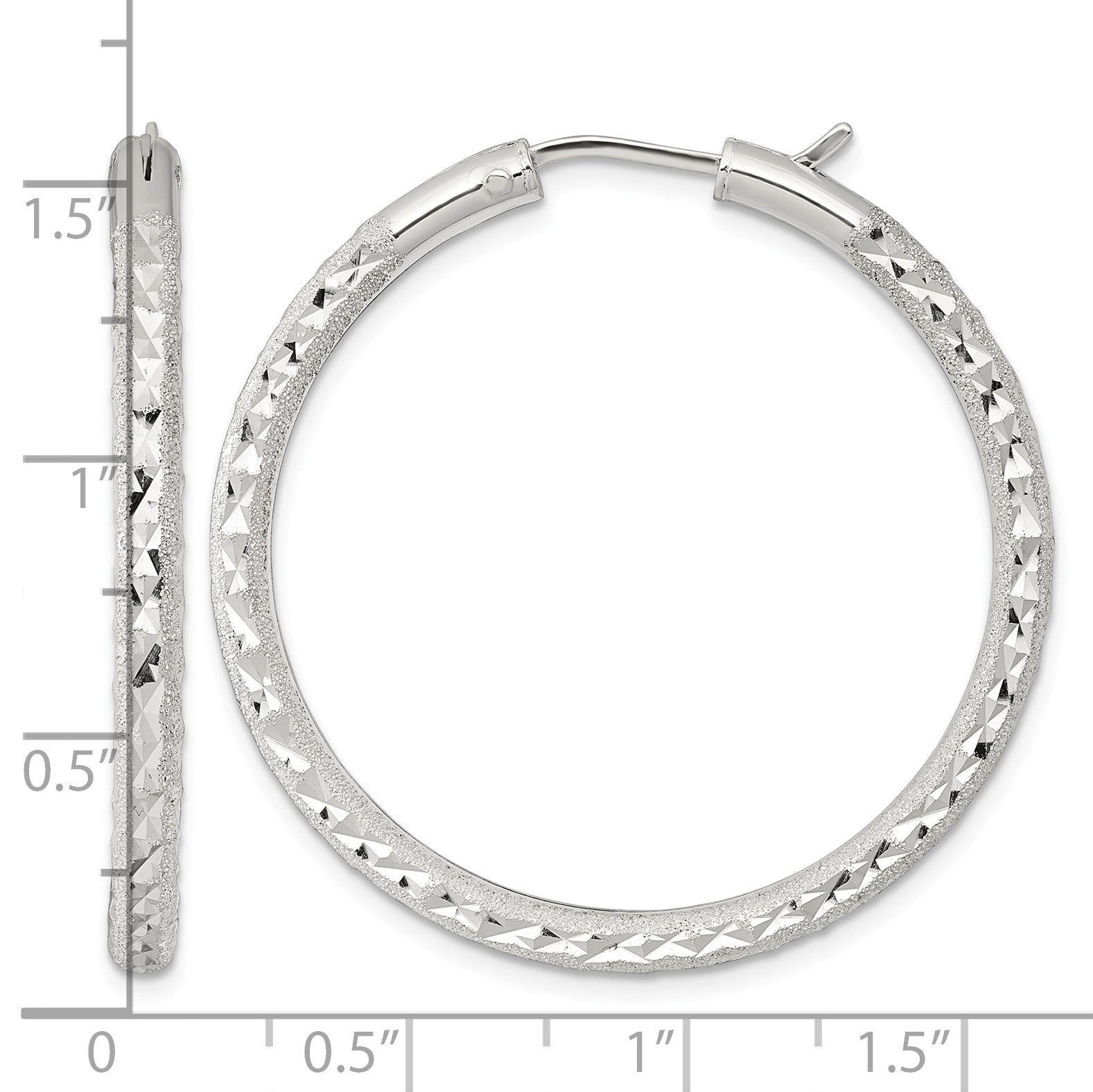 Sterling Silver Laser and Diamond-cut 40x3.25mm Hidden Catch Round Hoop Earrings